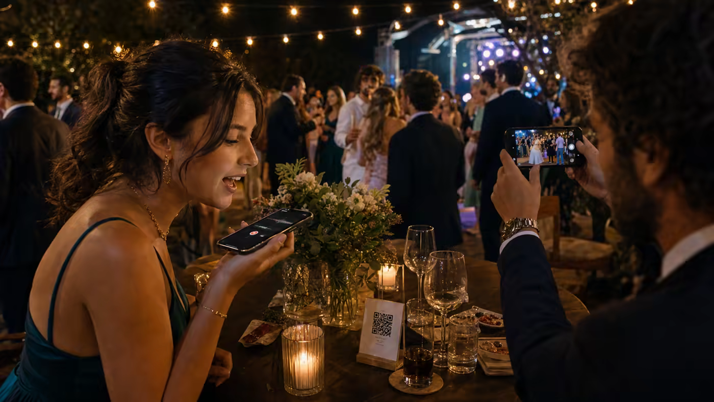 Invitados de boda subiendo fotos, vídeos y mensajes de audio con un QR