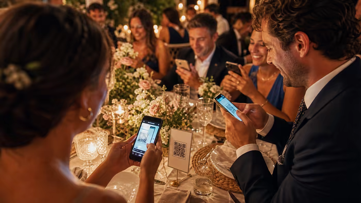 Invitados de boda escaneando un QR para subir fotos