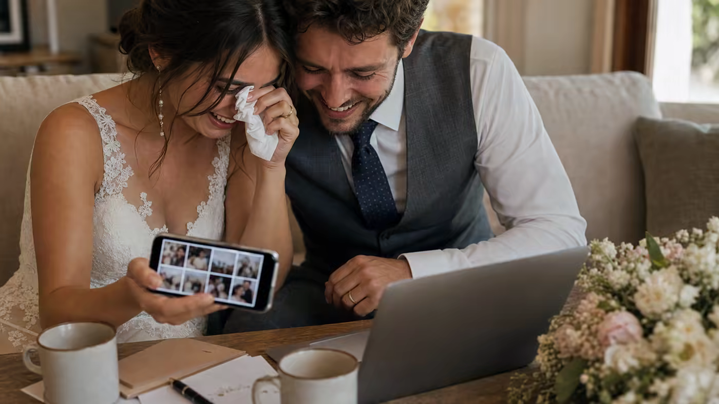 Pareja viendo el revelado de fotos de boda