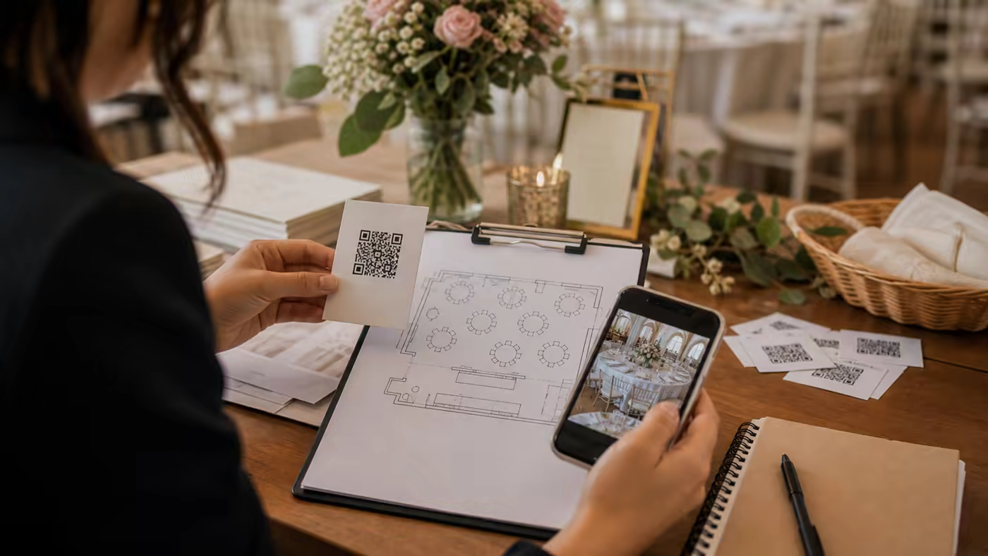 Wedding planner colocando tarjetas QR para fotos de boda