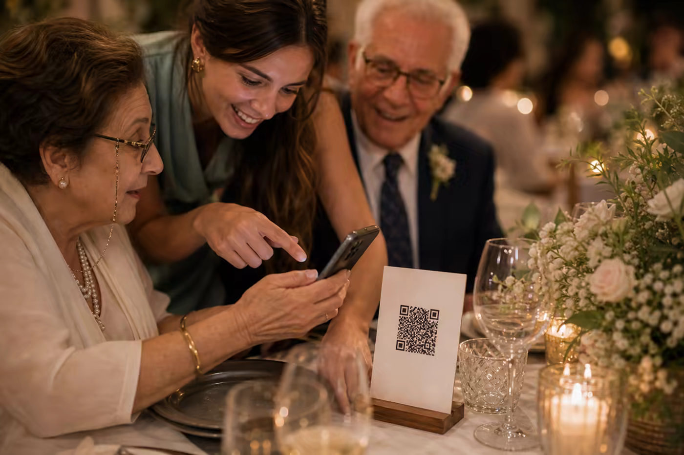 Invitados mayores usando un QR de fotos de boda