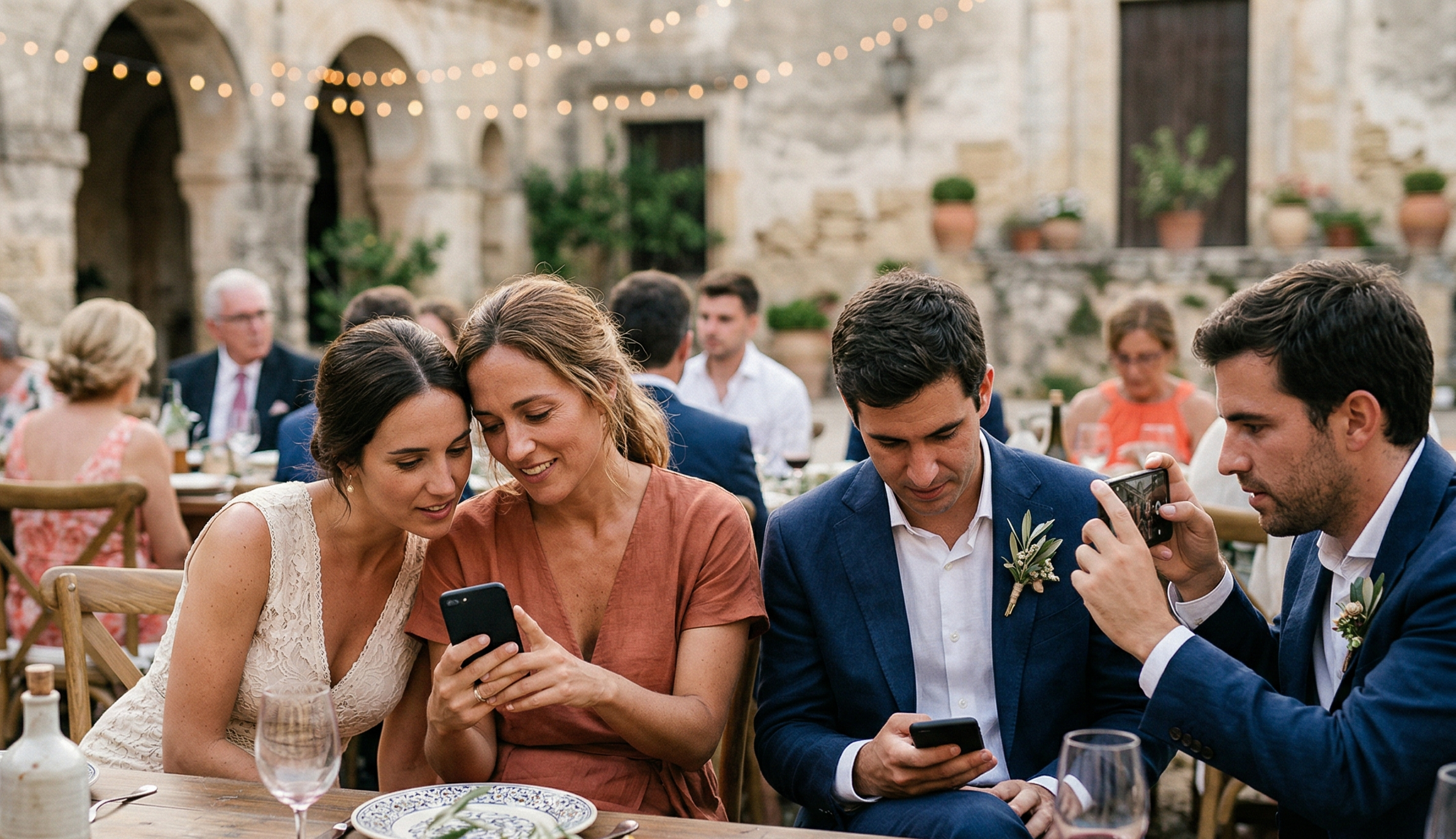 grupo de invitados usando el móvil durante una boda en España